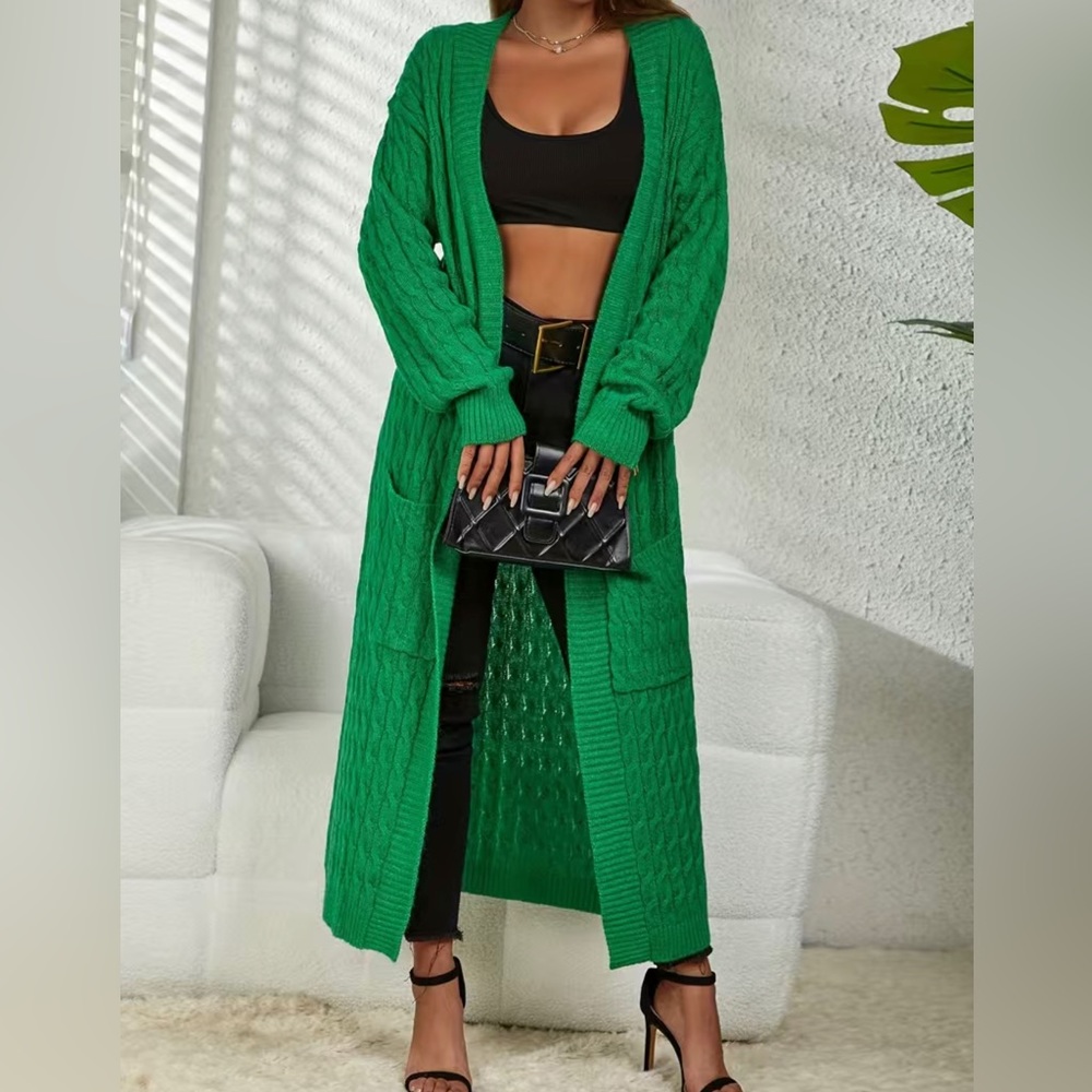 Women’s Medium Emerald Green Cable-Knit Maxi Cardigan Open-Front Sweater - Picture 3 of 11